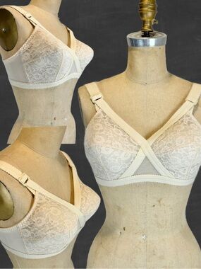 VINTAGE pointed silhouette bra 38B cone bullet torpedo nude lace cross heart 70s